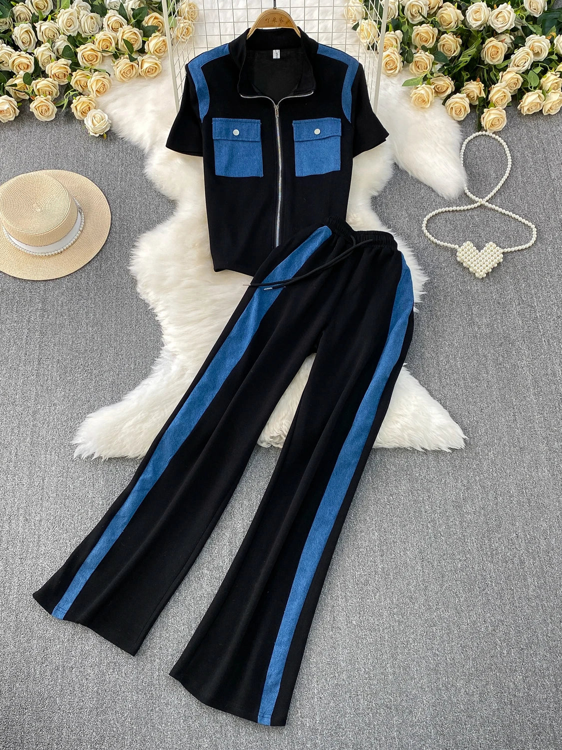 2025 New Casual Zipper Collar ort Sve Patchwork Denim T-irt Top High Waist Slim Wide Leg Pants Two Piece Set Women's F...