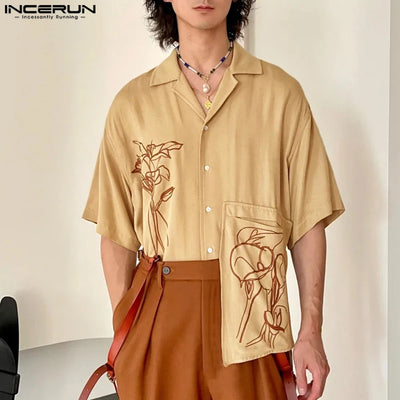 INCERUN Men Shirt Summer Printing Vacation Oversize Lapel Short Sleeve Men Clothing Streetwear 2025 Fashion Casual Tops Men