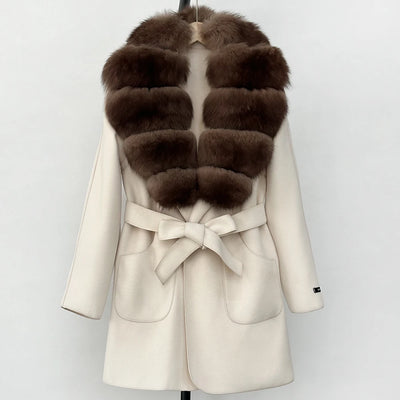 Wool Blend Jacket Autumn Women Winter Fashion Real Fox Fur Collar European Fahsion Woolen Coat Natural Fur Collar Coat Female