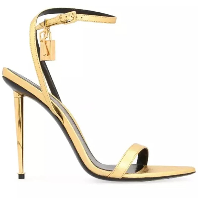 Women Padlock Sandals Gold Green Metallic Leather Runway Dress Shoes Ankle Strap Stiletto High Heels Celebrating Shoes