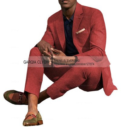 Linen Men's Suits 2 Pieces Summer Casual Notch Lapel Single Breasted Men's Wedding Suits（Blazer+Pants）