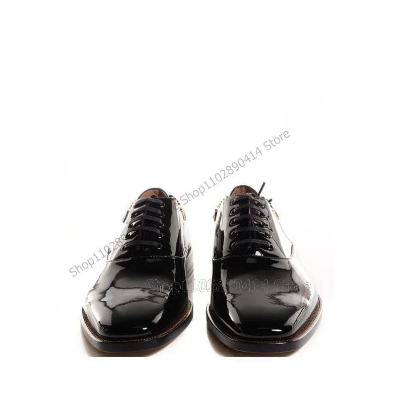 Black Patent Leather Gold Chain Square Toe Loafers Fashion Lace Up Men Shoes Luxury Handmade Party Feast Office Men Dress Shoes