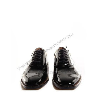 Black Patent Leather Gold Chain Square Toe Loafers Fashion Lace Up Men Shoes Luxury Handmade Party Feast Office Men Dress Shoes