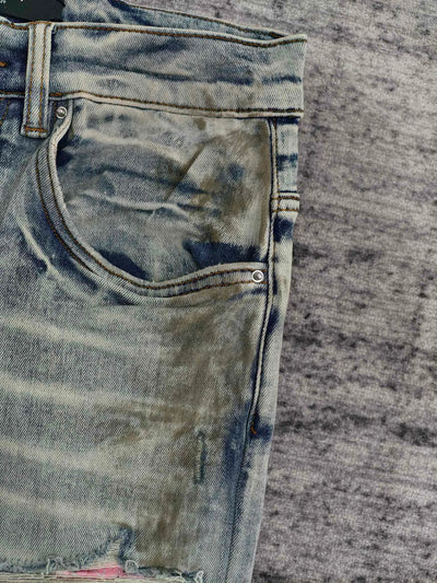 men dirty washed pink ribbed patch distressed jeans