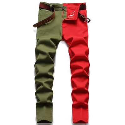 New Men 2022 American Style Fashion Stitching Two-color Yellow and Red Trend Stretch Jeans Male Trousers Denim Pants