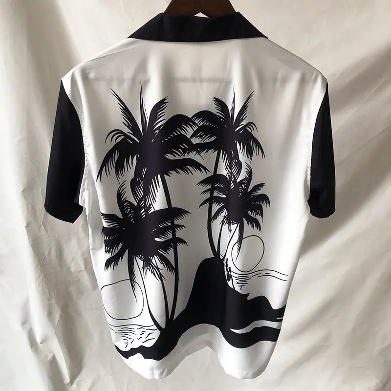 Black White Contrasting Coconut Palm Graphic Print Hawaii Short Sleeve Shirt Men Lapel  Man Shirt Homme Camisetas Hombre