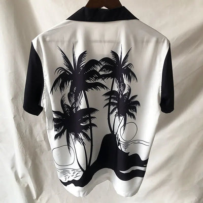 Black White Contrasting Coconut Palm Graphic Print Hawaii Short Sleeve Shirt Men Lapel  Man Shirt Homme Camisetas Hombre