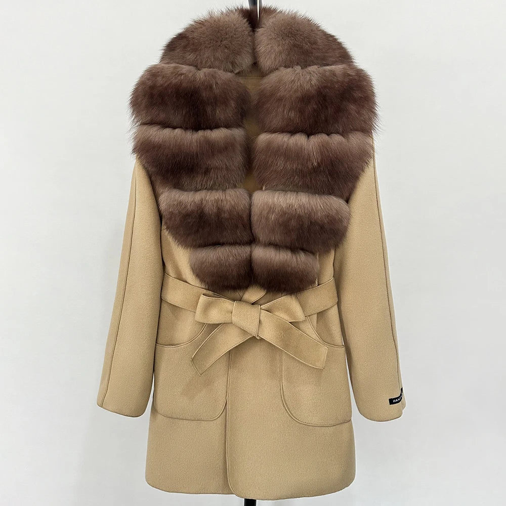 Wool Blend Jacket Autumn Women Winter Fashion Real Fox Fur Collar European Fahsion Woolen Coat Natural Fur Collar Coat Female