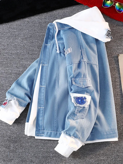 Fall Men's Denim Jaet Baseball Sle Casual Hoodie Outerwear Spring Autumn Couple's Faionable Loose Fit Long Sve