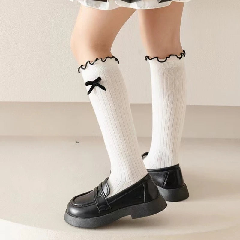 1 Pair Chic Simplicity Kids Girl Sock Sweet Fashion Bow Ruffle Bow Children Girl Calf Sock Spring Autumn Cotton School Sock