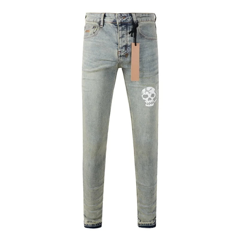 25fw High Street Men's Jeans Paint Hole Trend Low Rise Skinny Denim Pants Pleated Ripped Solid Trousers