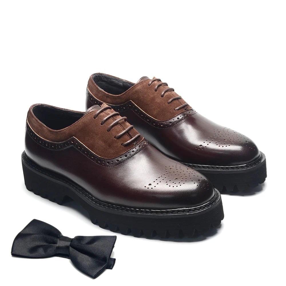 Soft Chunky Black Sole Men Oxford Dress Sneakers Genuine Leather Brogue Suede Casual Business Elevator Shoes Lace-up Modern Man