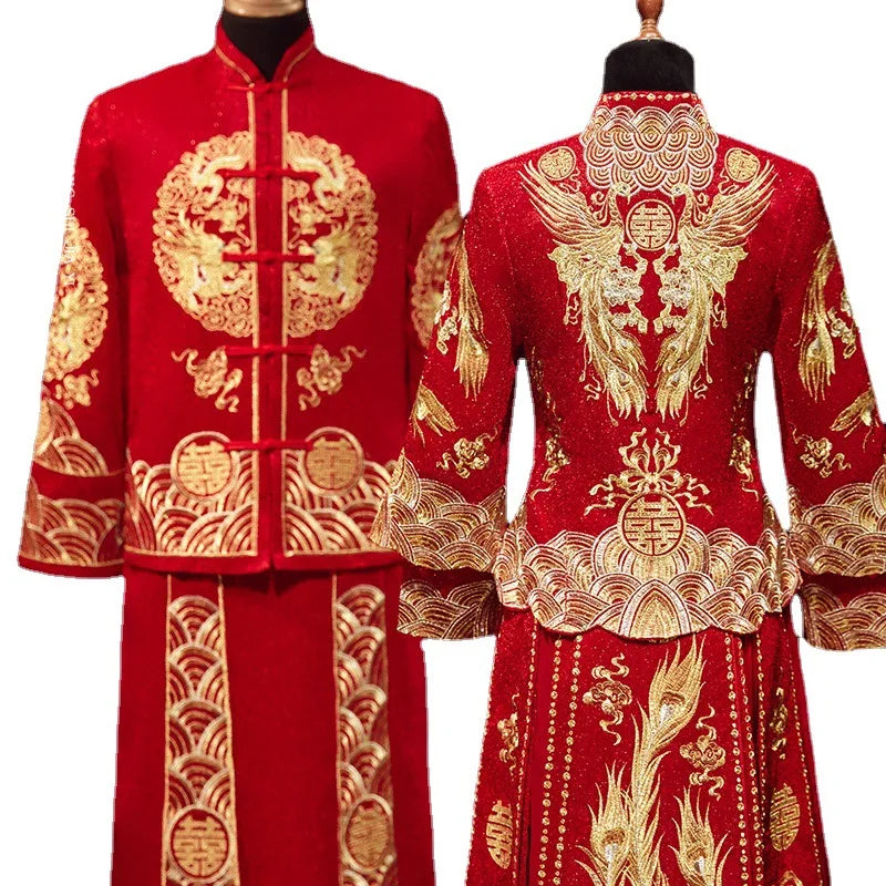 Traditional Chinese Bridegroom Bride Wedding Dress Qipao Costume Classic Embroidered Dragon Phoenix Cheongsam Hanfu Clothing 4XL