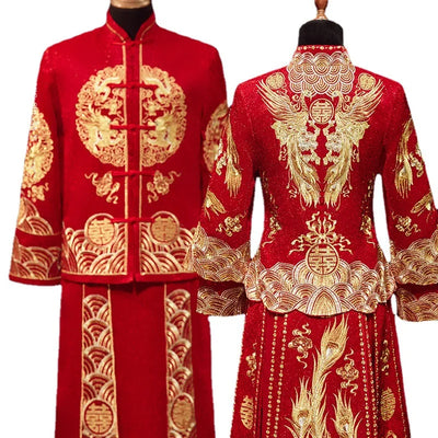 Traditional Chinese Bridegroom Bride Wedding Dress Qipao Costume Classic Embroidered Dragon Phoenix Cheongsam Hanfu Clothing 4XL