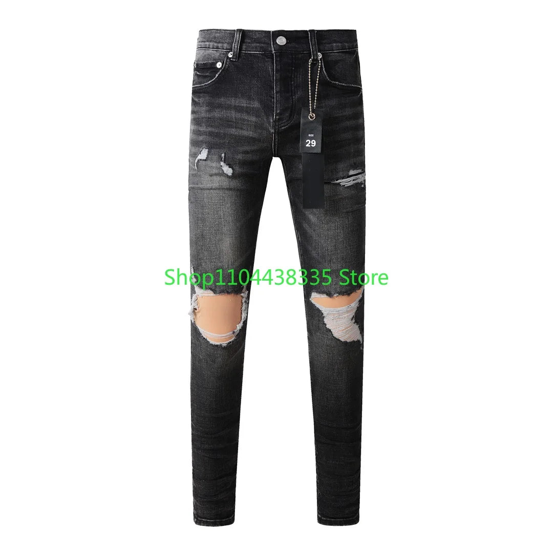 Americans  Retro High Street Men's Jeans New Trendy Low Rise Skinny Denim Pants Pleated Ripped Hold Trousers