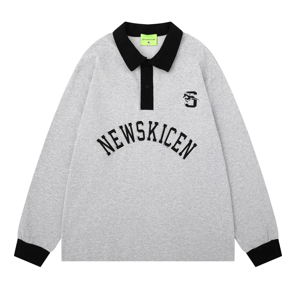 Letter Embroidery Spliced Polo Shirts Mens Autumn Streetwear Loose Long Sleeve Tee Man Tops