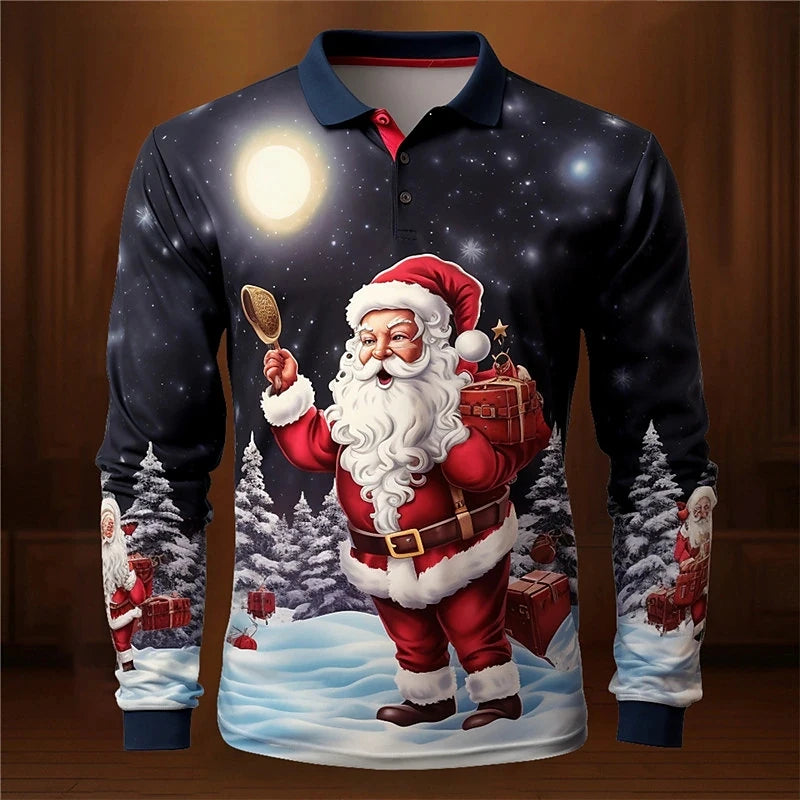 New Men's Christmas Printed Polos Autumn Long Sleeve Button Casual Shirt Festive Holiday Wear Classic Polo Neck Design Polos