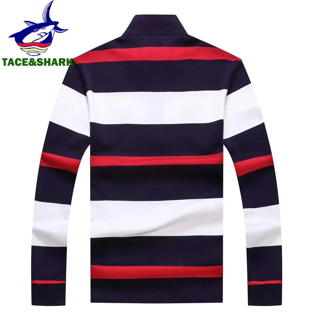 TACE&SHARK High Quality American British Royal Royal Sport Embroidered Stand Collar Polo Shirt Men's Long Sleeves Striped Tops