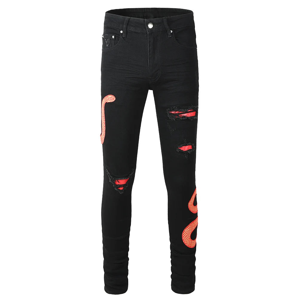 Men's Black Snake Embroidery Stretch Denim Jeans Pants Skinny Tapered Pencil Trousers with Snakeskin Leather Patch