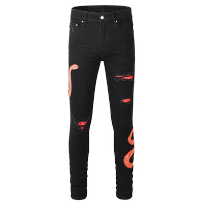 Men's Black Snake Embroidery Stretch Denim Jeans Pants Skinny Tapered Pencil Trousers with Snakeskin Leather Patch