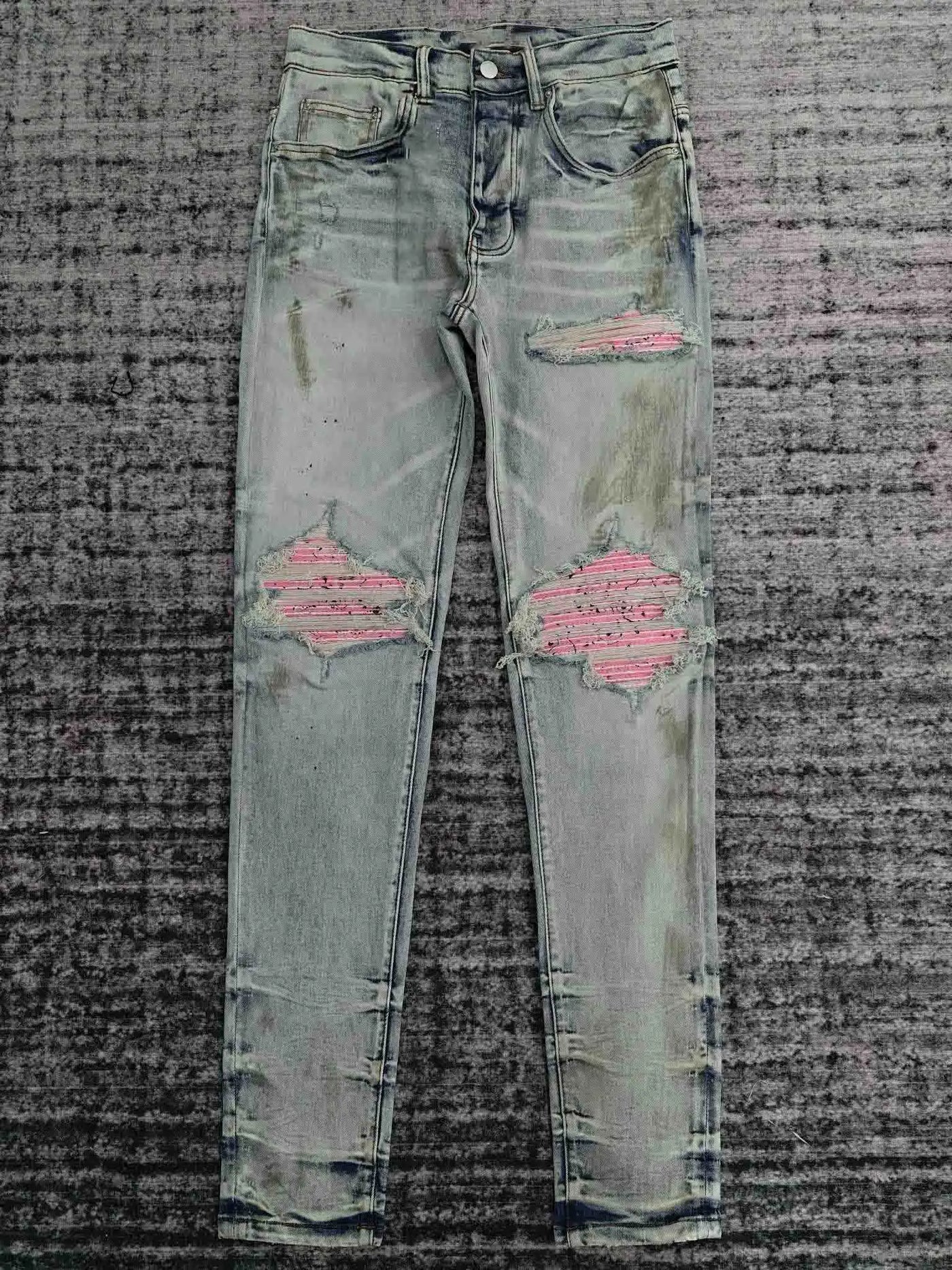 men dirty washed pink ribbed patch distressed jeans