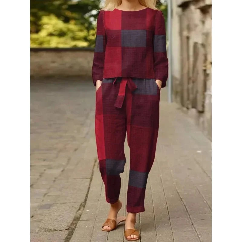 Spring Summer New Vintage Print Long Sleeve round Neck T-Shirt Set Wide Leg Pants Ethnic Style Fashionable Women's Outfit