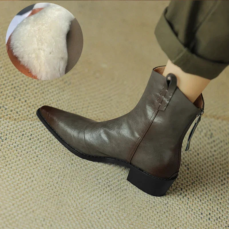 2025 Autumn/winter Women Boots Genuine Leather Western Boots Women Shoes Pointed Toe Chunky Heel Chelsea Boots Retro Ankle Boots