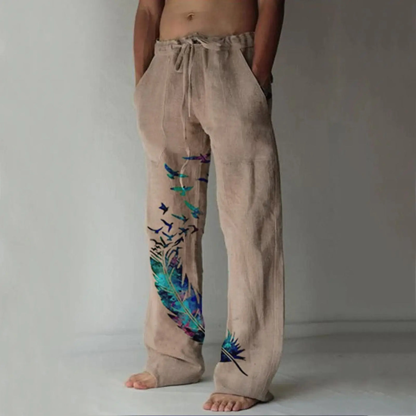 Men's Casual Print Dstring Trousers Comfortable Elastic Waist Long Pants Youth Faion Spor Straight Leg All Season
