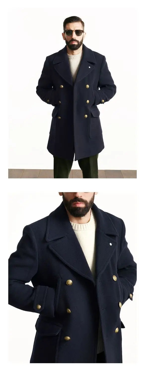 New Men's Clothing British Men's Mid to Long Length Long Sleeved Woolen Coat Jacket