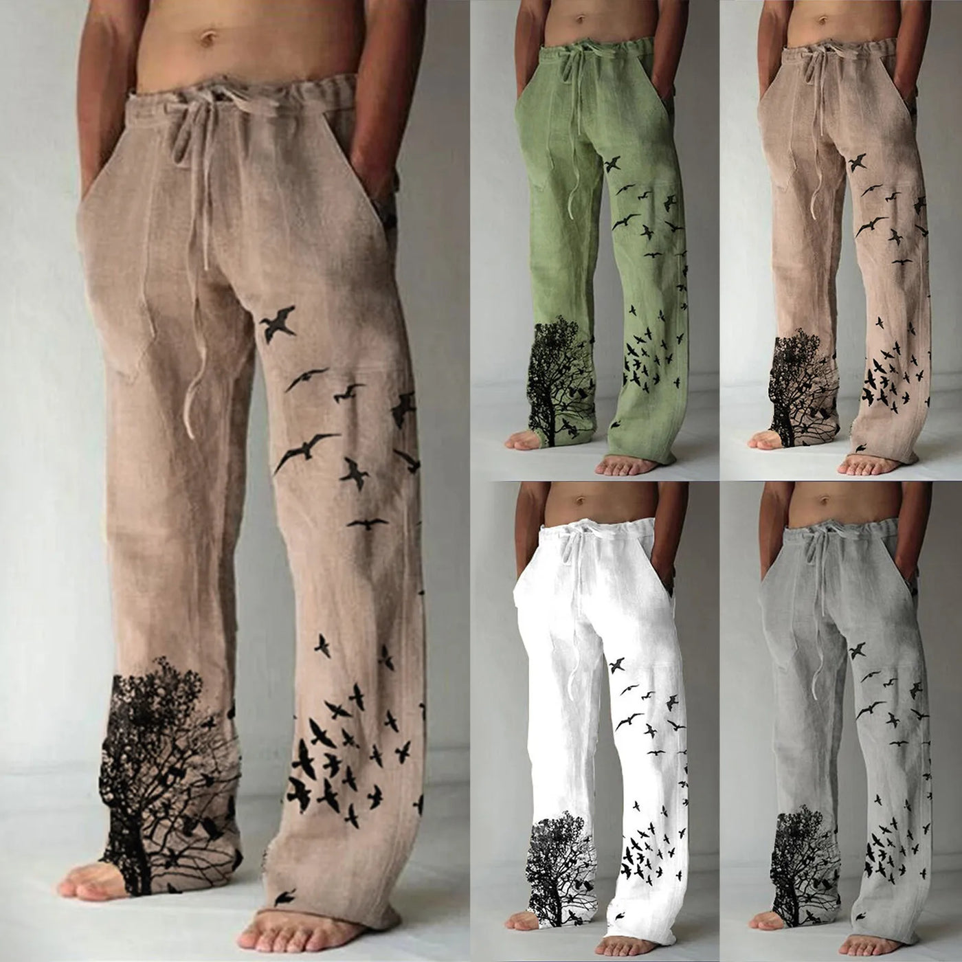 Men's Casual Print Dstring Trousers Comfortable Elastic Waist Long Pants Youth Faion Spor Straight Leg All Season