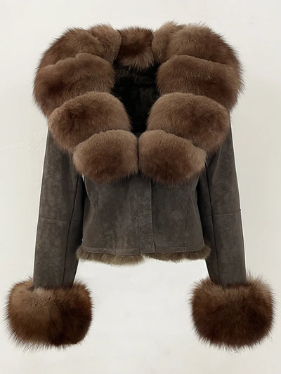 OFTBUY Fashion Short New Autumn Winter Fur Clothing Real Rabbit Fur Liner Suede Jacket Women Natural Fox Fur Collar Coat Female