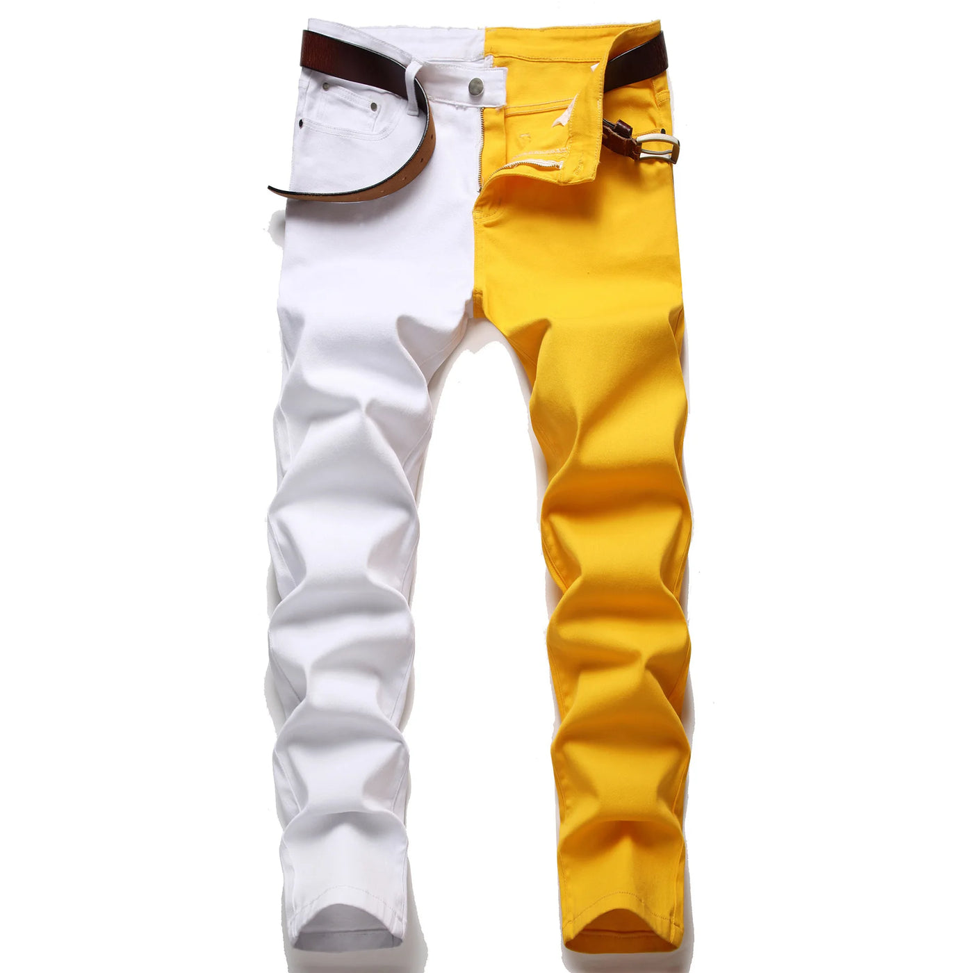New Men 2022 American Style Fashion Stitching Two-color Yellow and Red Trend Stretch Jeans Male Trousers Denim Pants