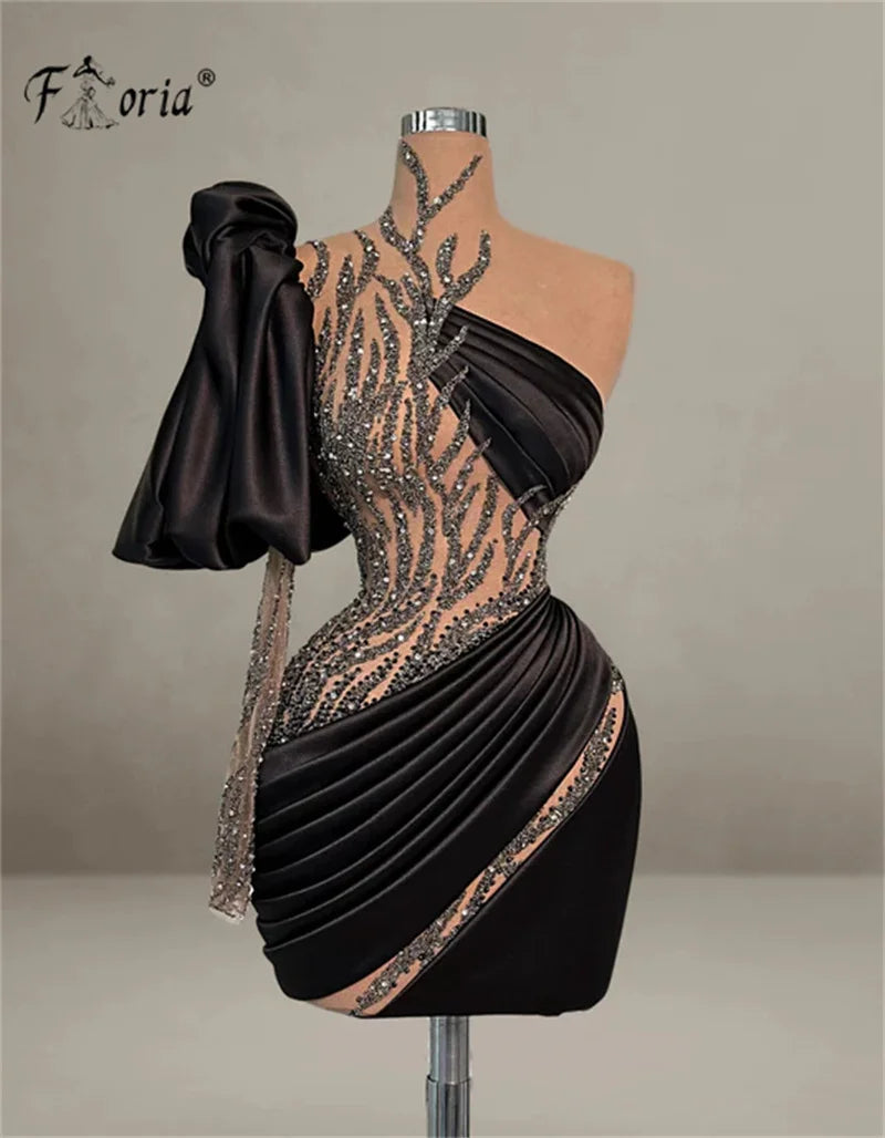 Arabic Black Crystal Sequin Cocktail Dress Sparkly Beads Short Graduation Homecoming Party Gown Custom Made vestidos de coquetel