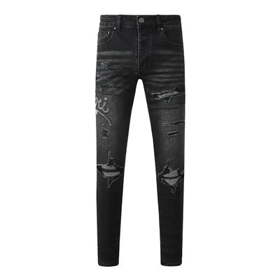 Americans Streetwear Distressed Vintage Men's Jeans Low Rise Stretch Skinny Button Fly Ripped Hold Pants