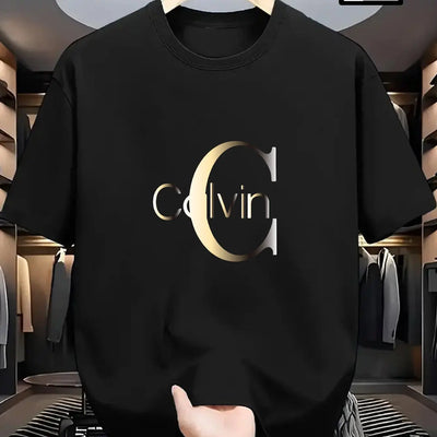 Men's summer 100% pure cotton fashionable casual sports loose Calvin letter pattern print round neck short sleeved T-shirt top