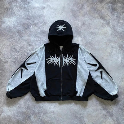 Y2K Embroidered Design Loose Zipper Men's Hoodie Geometric Pattern  Women's Sportswear Gothic Street Wear Extra Large Casual Men