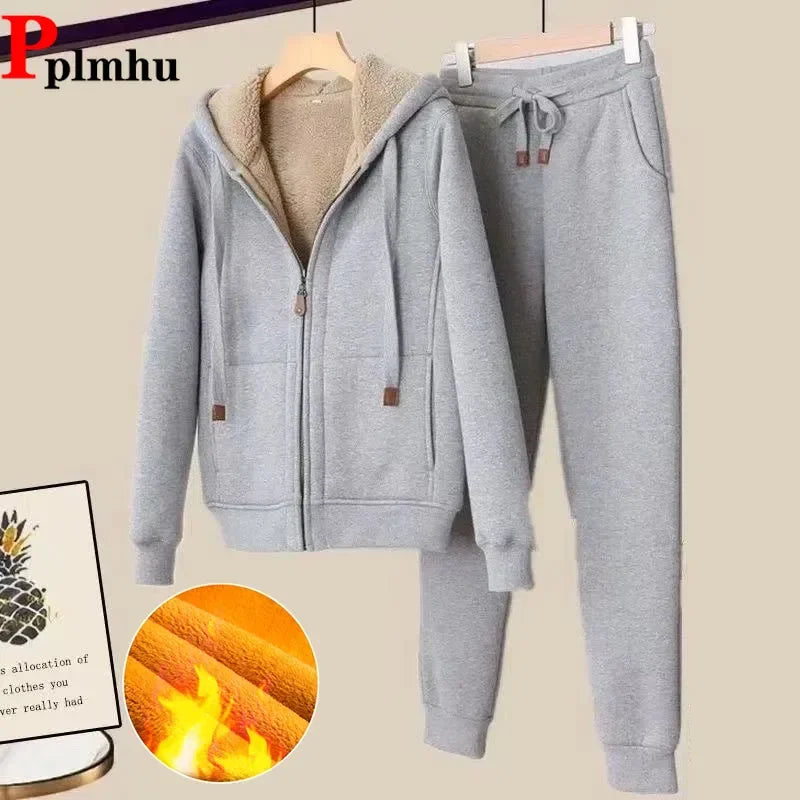 2025 Winter Warm Tracksuit Pants Sets Thick Joggings Lambwool Oversize Sweatsuit Fashion Fleece Sweatshirt Tow Piece Outfits