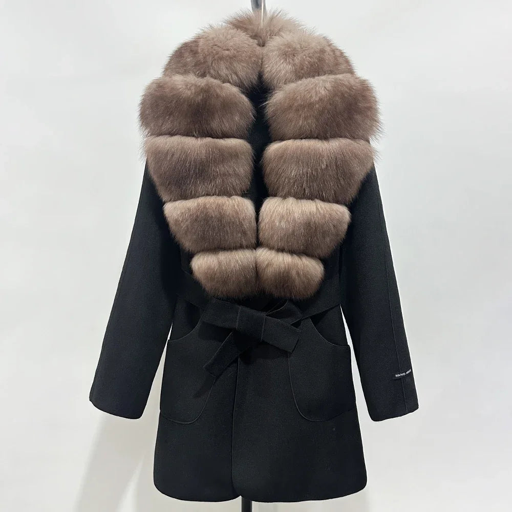 Wool Blend Jacket Autumn Women Winter Fashion Real Fox Fur Collar European Fahsion Woolen Coat Natural Fur Collar Coat Female