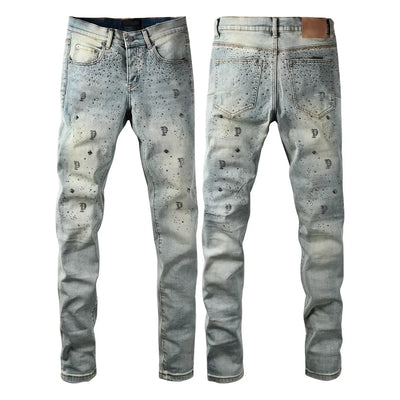 Men Straight jeans Fashion High Street Retro wash Rhinestones Retro Street Style Hip-hop Straight Trousers Streetwear Jeans