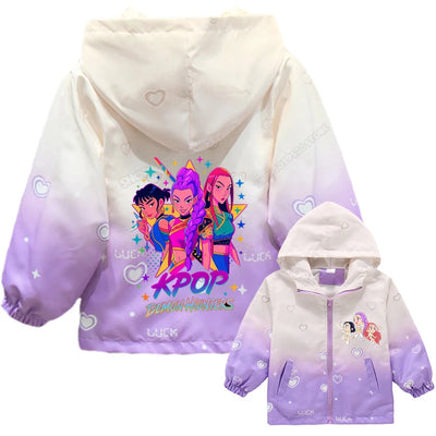 KPop Demon Hunters Girls Hood Jacket Kids Windbreak Coat Outdoor Casual Waterproof Jackets Zip Up Coat Movie Anime Outerwear