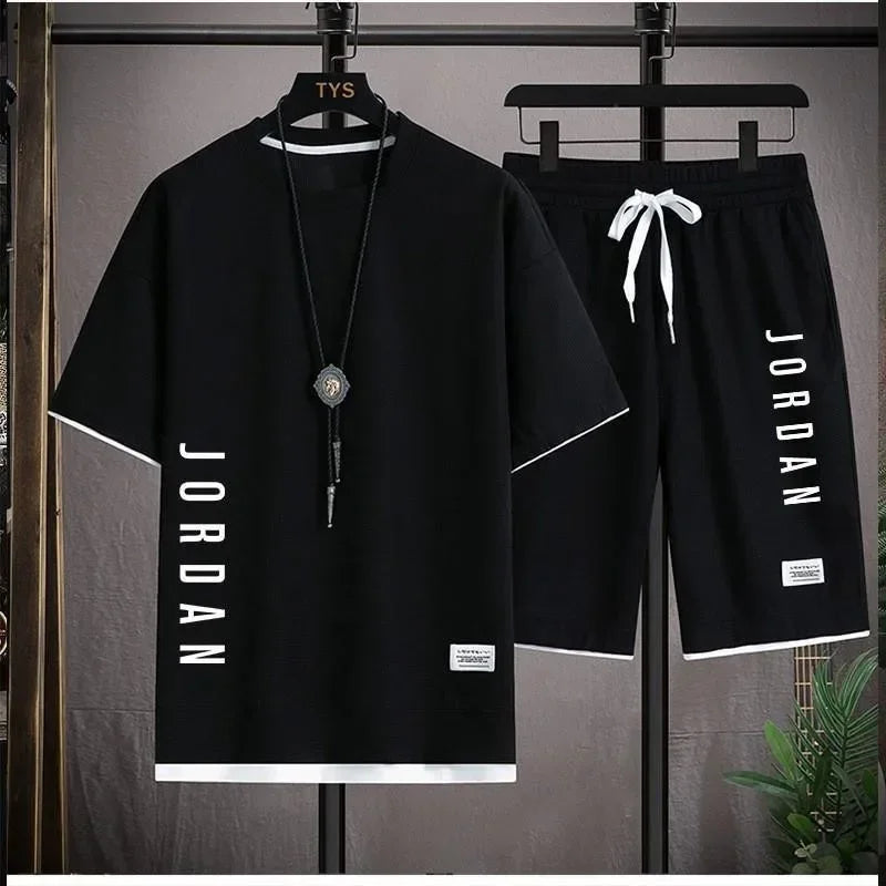 The new 2025 summer casual men's sports suit fashion outdoor hiking breathable short-sleeved T-shirt + shorts two-piece set