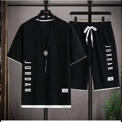 The new 2025 summer casual men's sports suit fashion outdoor hiking breathable short-sleeved T-shirt + shorts two-piece set