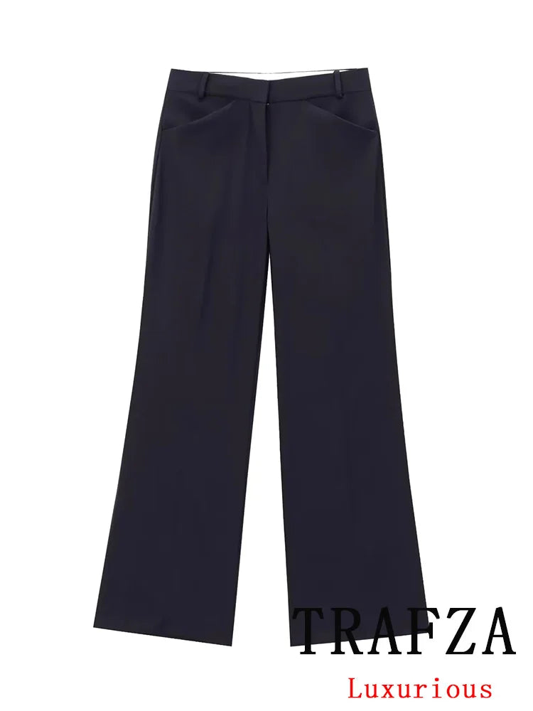 TRAFZA Vintage Office Lady Black Solid Suit Single Breasted V Neck Pockets Blazer Straight Loose Pants Fashion 2024 Autumn Sets