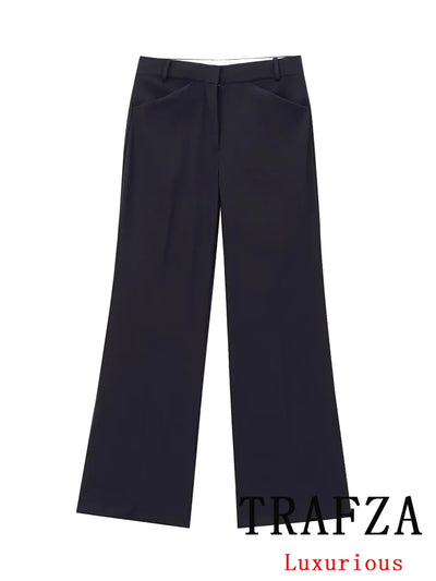 TRAFZA Vintage Office Lady Black Solid Suit Single Breasted V Neck Pockets Blazer Straight Loose Pants Fashion 2024 Autumn Sets
