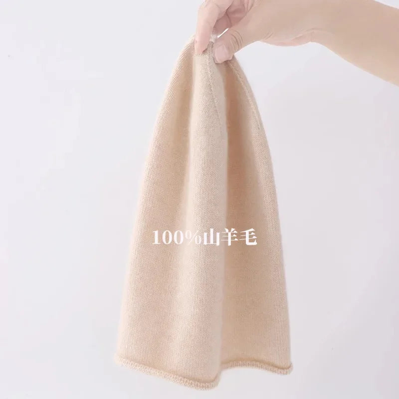 High Quality Pure Cashmere Hat Men Women Autumn Winter Warm Knit Curled Cold Wool Cap Male Casual Classic Solid Beanie Couple