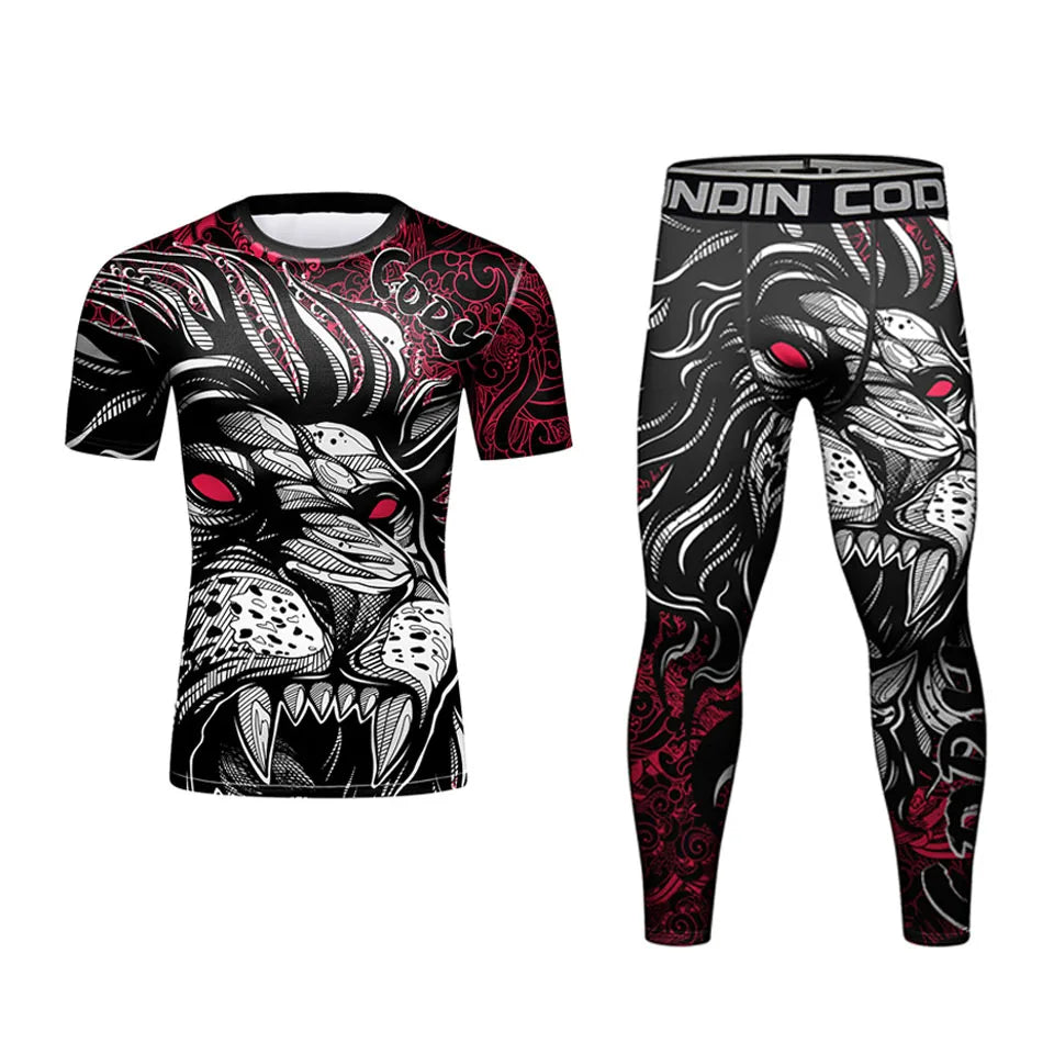 Rush Guard Jiu jitsu MMA Compression T-Shirt+Pant Suit Muay Thai Shorts Bjj Boxing Rashguard Men's Grappling Kickboxing Clothing
