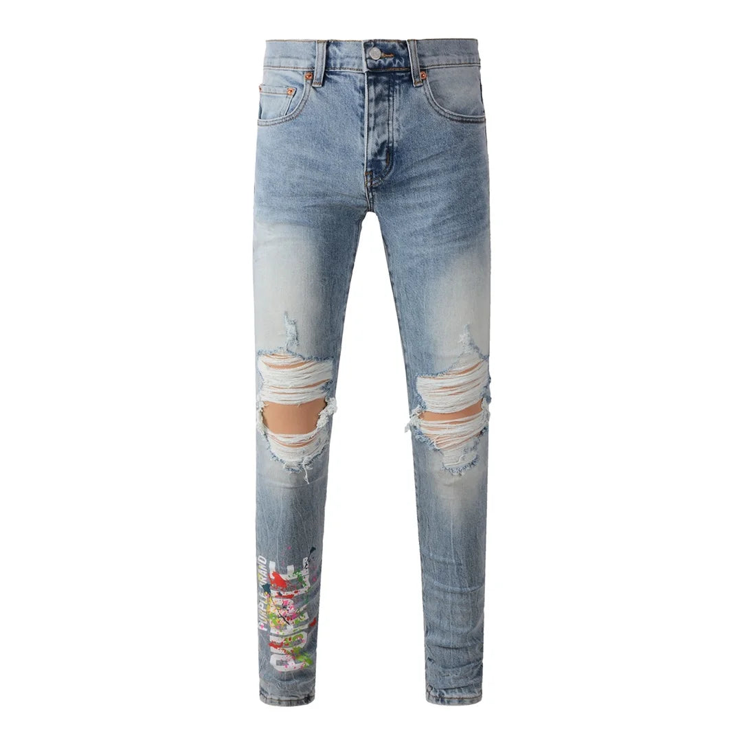 Americans  Retro High Street Men's Jeans New Trendy Low Rise Skinny Denim Pants Pleated Ripped Hold Trousers