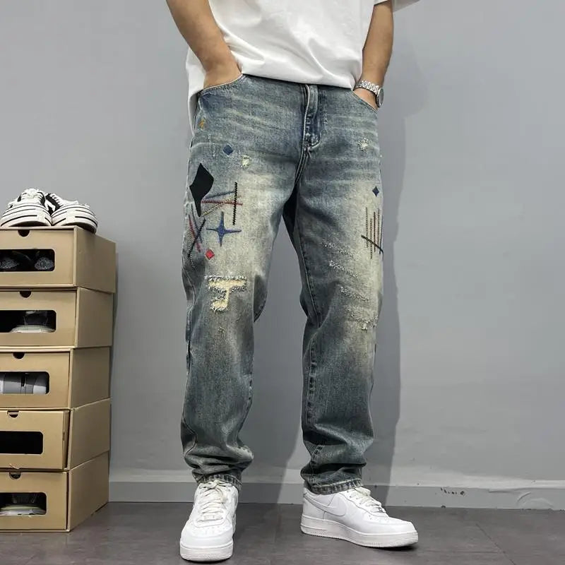 Old Tattered Patched Embroidered Jeans Men's Small Straight Leg Pants American High Street Men's Pants Trendy