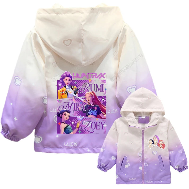 KPop Demon Hunters Girls Hood Jacket Kids Windbreak Coat Outdoor Casual Waterproof Jackets Zip Up Coat Movie Anime Outerwear