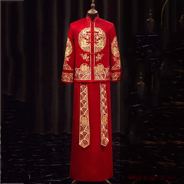 Traditional Chinese Bridegroom Bride Wedding Dress Qipao Costume Classic Embroidered Dragon Phoenix Cheongsam Hanfu Clothing 4XL